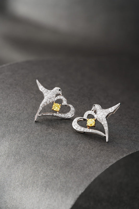 18K Yellow Gold Heart-Shaped Spring Swallow Earrings with Diamond Accent - Jeweler.Jewelry