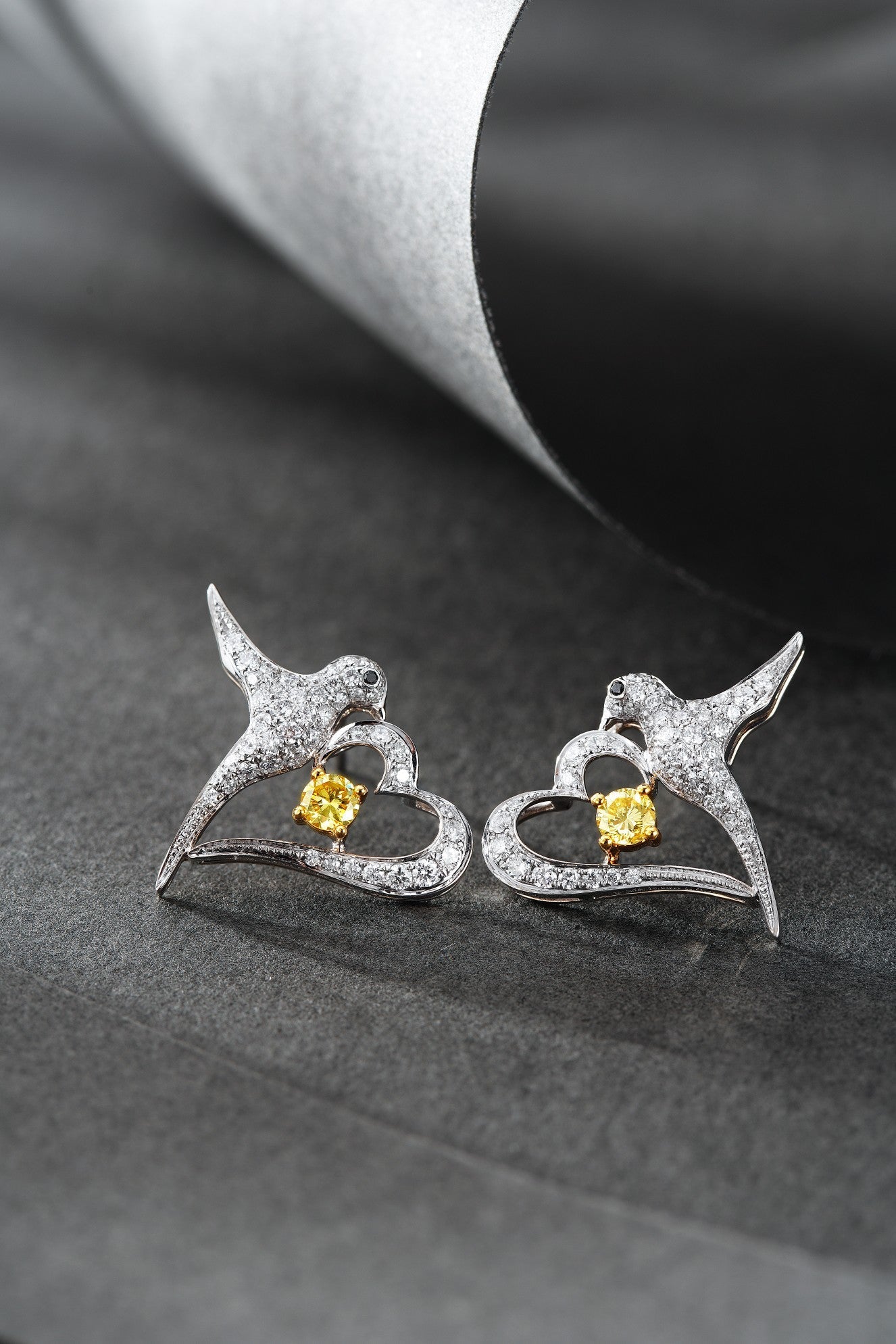 18K Yellow Gold Heart-Shaped Spring Swallow Earrings with Diamond Accent - Jeweler.Jewelry