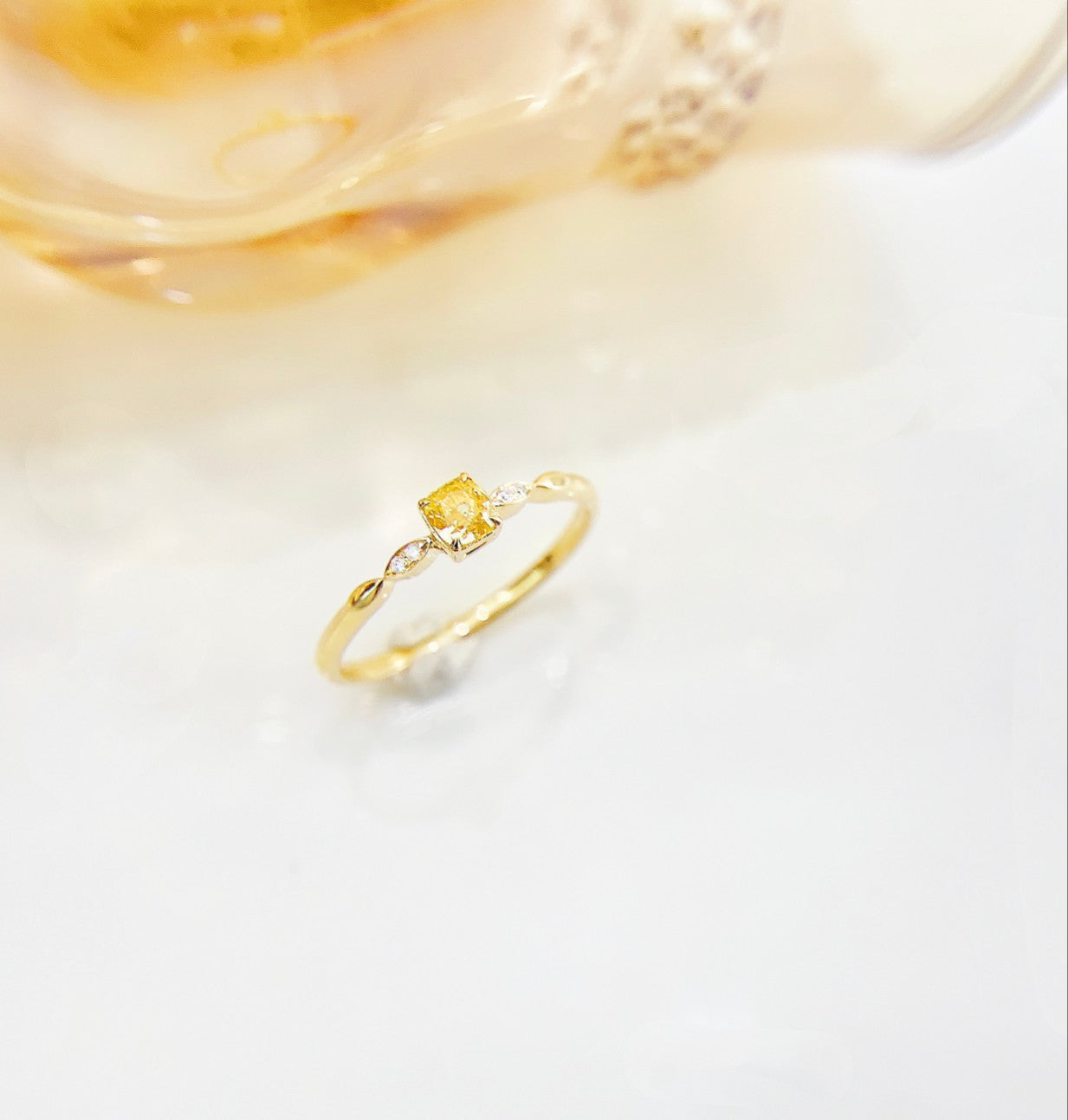 18K Yellow Gold Single Diamond Cushion-Cut Minimal Ring | Fine Jewelry - Yellow Diamond Ring