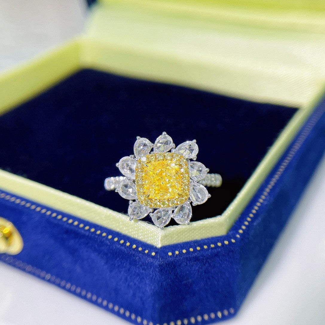 18K Yellow Gold Sunflower Diamond Ring with AGL Certificate | Premium Jewelry - Yellow Diamond Ring