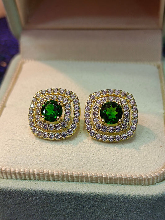 Elegant S925 Silver and 18K Gold Plated Earrings with Green Diopside - Fashion Jewelry