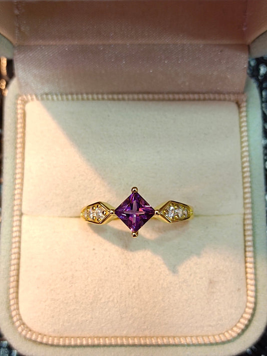 Elegant S925 Sterling Silver Purple Crystal Square Ring with 18K Gold Technique