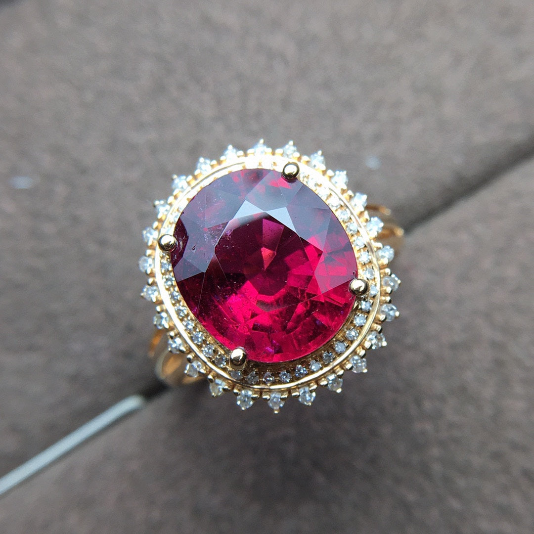 18K Gold Natural Tourmaline Ring with South African Diamonds - Elegant Jewelry