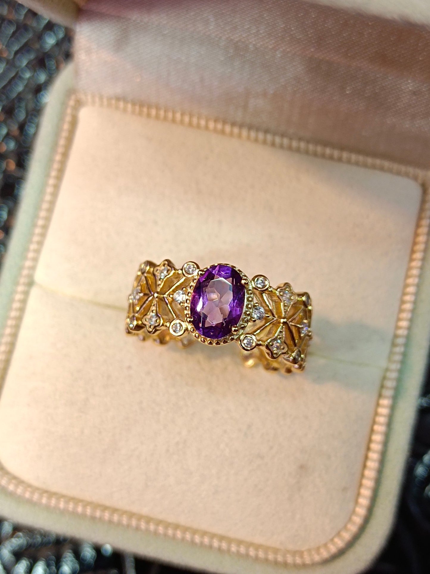 Cincin Perak S925 Sterling dengan Terbenam Amethyst Ungu & Teknik Emas 18K - Reka Bentuk Barang Kemas Unik