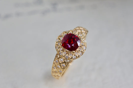 Pigeon Blood Red Ruby Ring with Full Diamond Pavé Setting - A Classical Charm