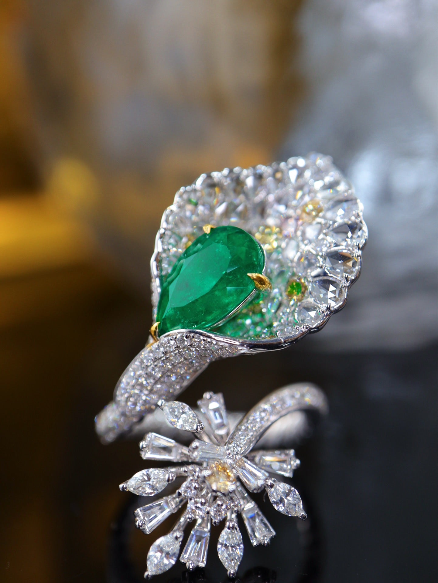 Emerald and Diamond Ring with Lotus Petal Design - Fine Jewelry