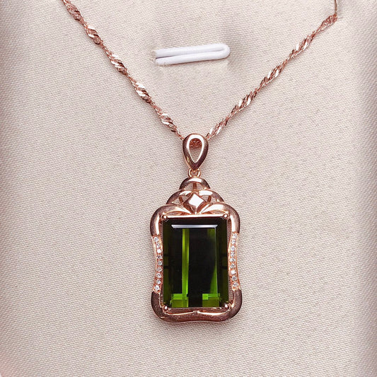 18K Gold and Diamond Embedded Tourmaline Pendant - Exquisite Jewelry