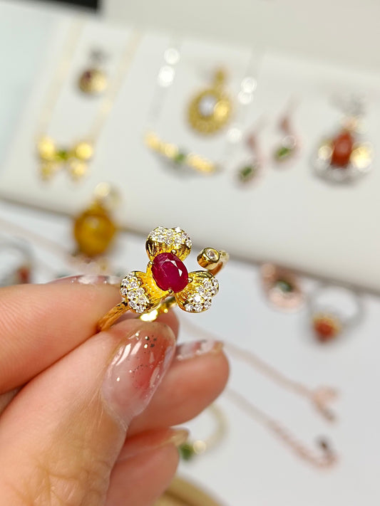 S925 Ruby Flower Adjustable Ring - Elegant Jewelry Piece