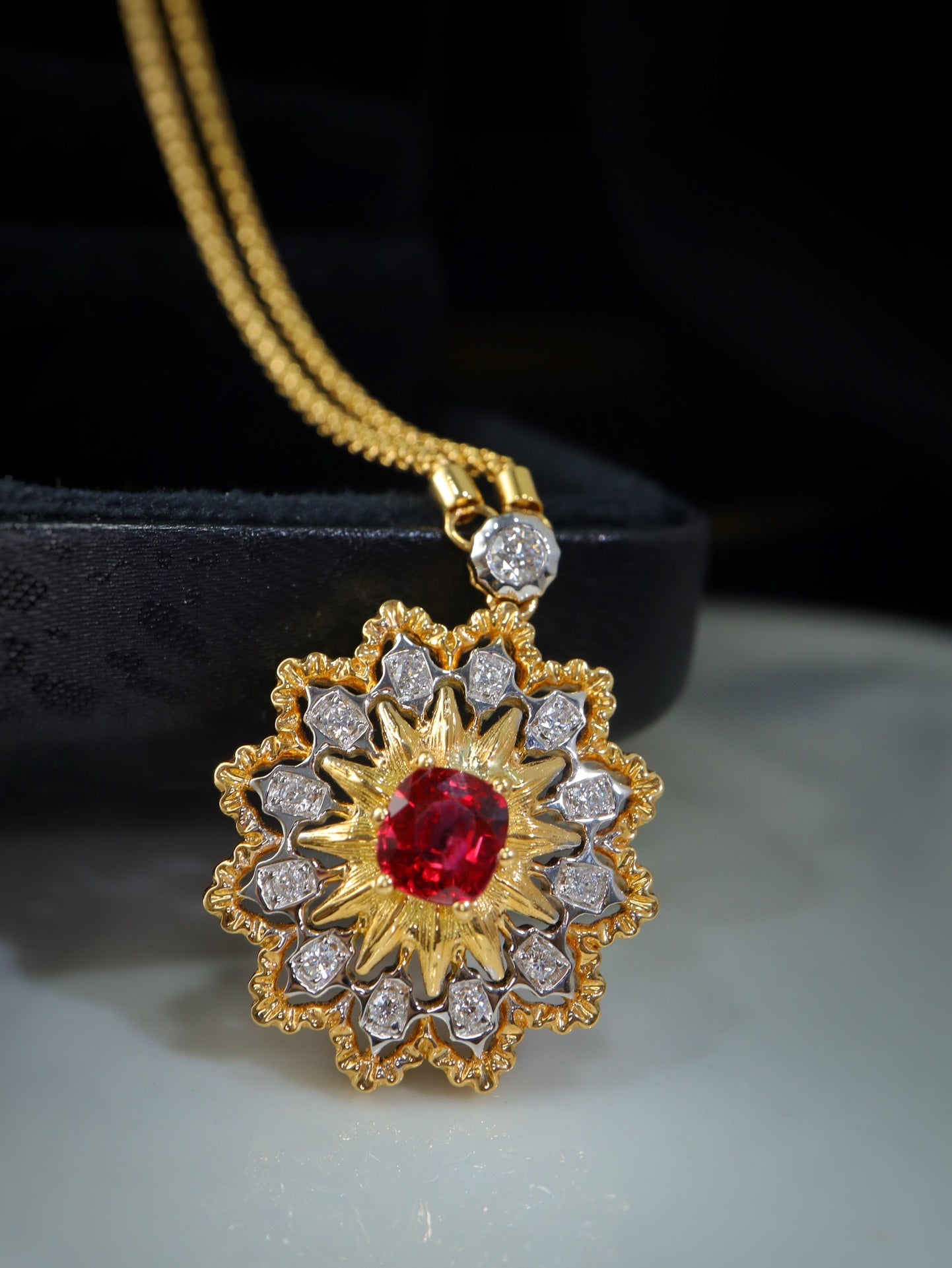 Italian Elegance Jewelry: Buccellati Classic Hand-Carved Gold Necklace with Pigeon's Blood Red Gem