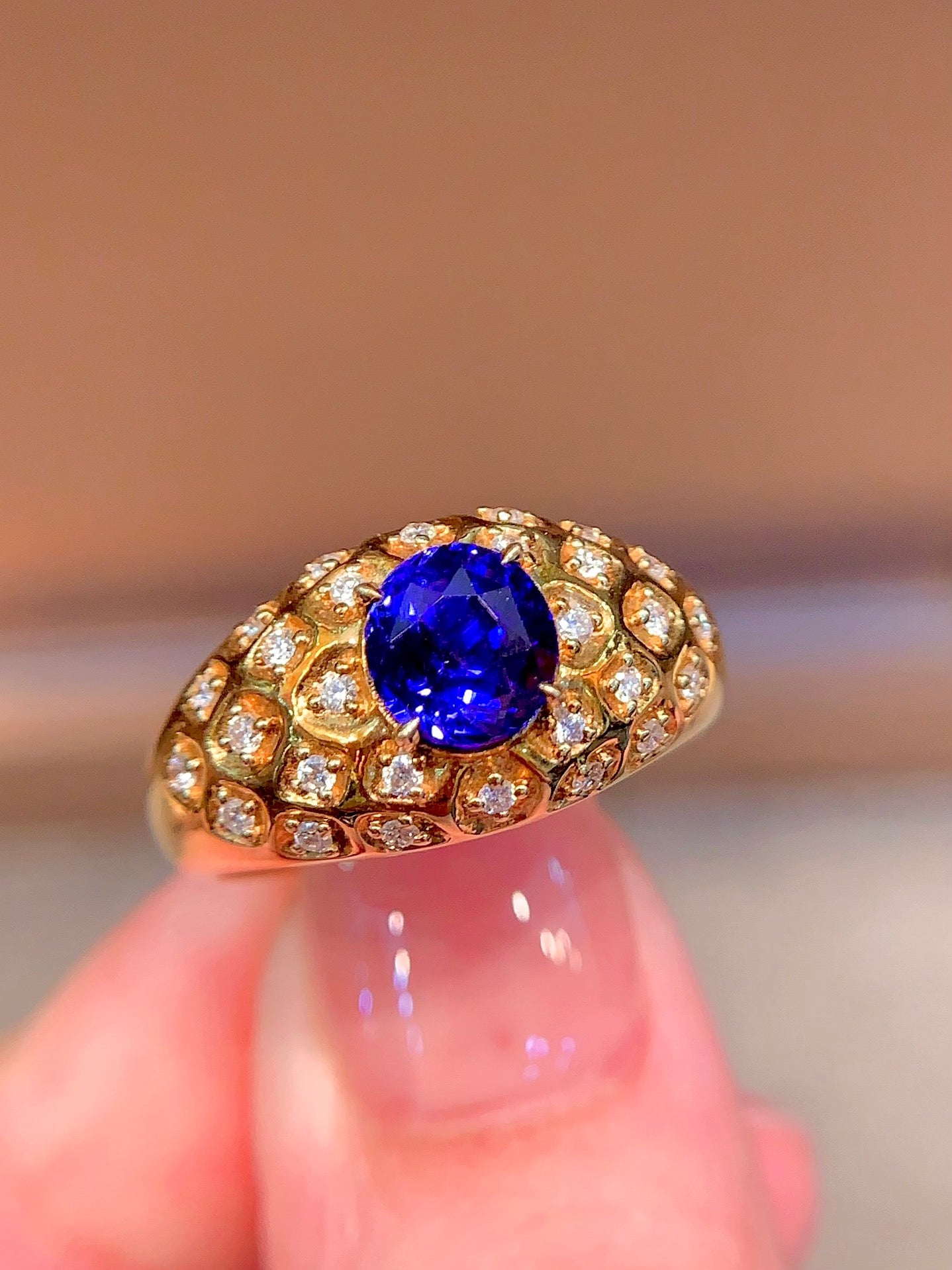 Vintage Style Wide Band Royal Blue Sapphire Ring with 18K Gold and Diamonds - Luxury Jewelry