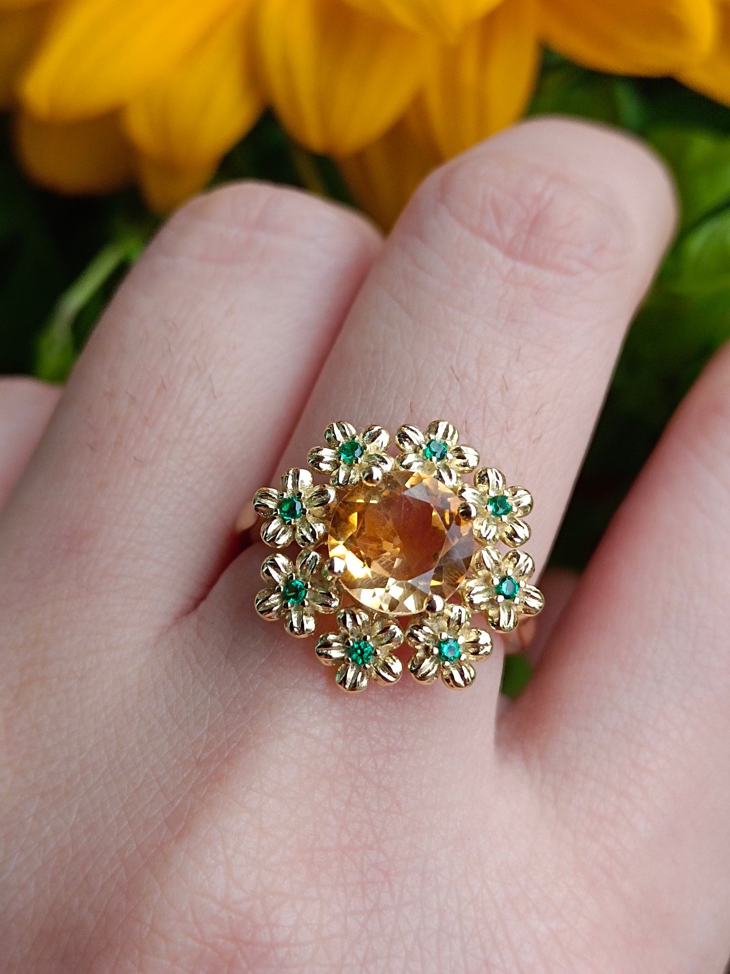 Cincin Bunga Kemakmuran Citrine Asli yang Indah - Barang Kemas Unik