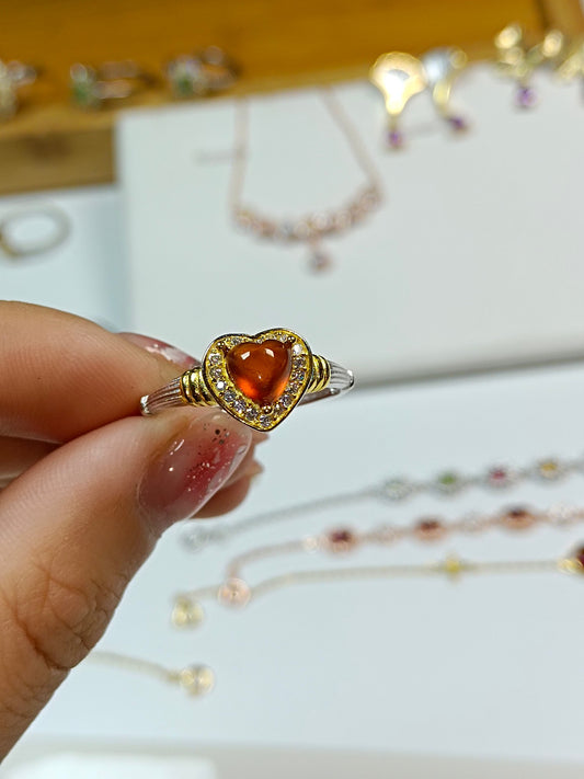 S925 Silver Embedded Mandarin Garnet Ring - Heart Shape Design with Adjustable Band