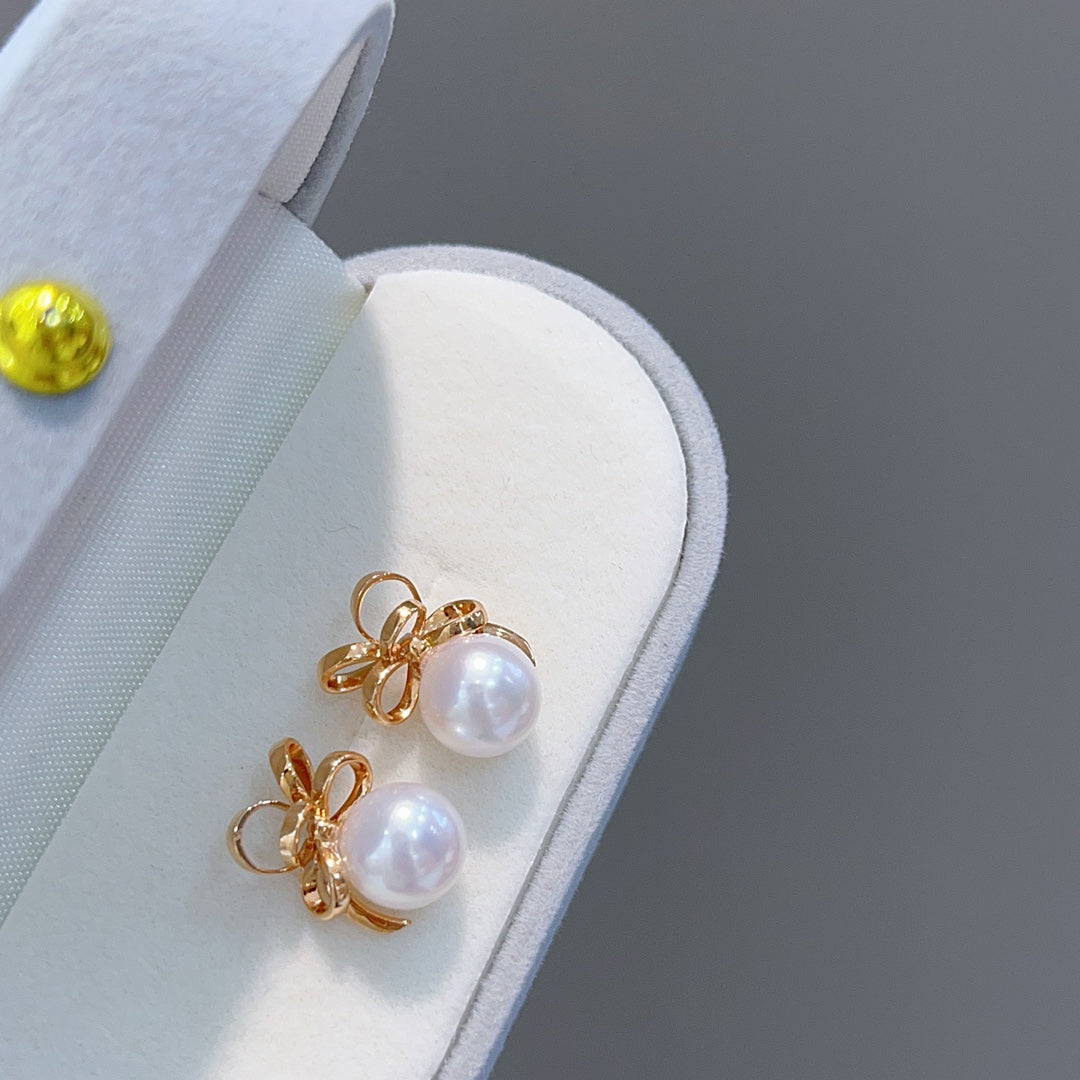 8-8.5mm Japanese Akoya Pearl Earrings in 18K Rose Gold with Silk Ribbon Bow Design - Jewelry