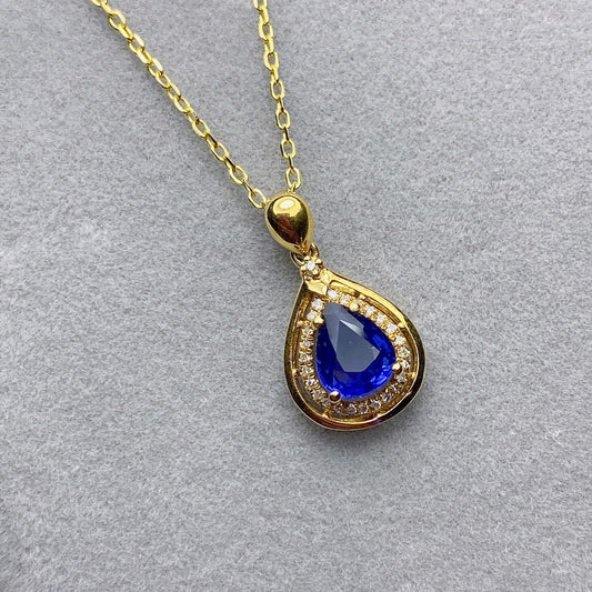 Elegant Natural Sapphire Pendant in 18K Gold with Diamond Accents - Jewelry