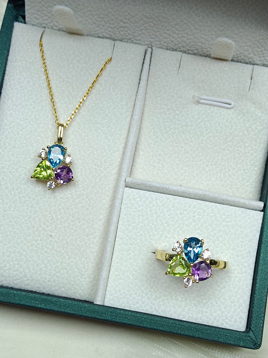 S925 Silver Fine Craftsmanship Embedded Crystal Multi-Gem Jewelry Set