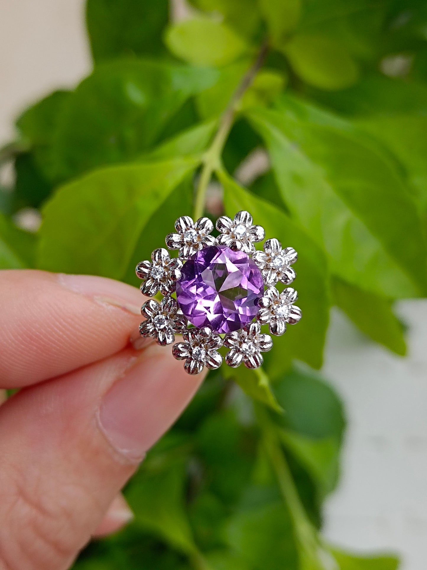 Cincin Bunga Kaya Amethyst Asli yang Indah - Barang Kemas Unik