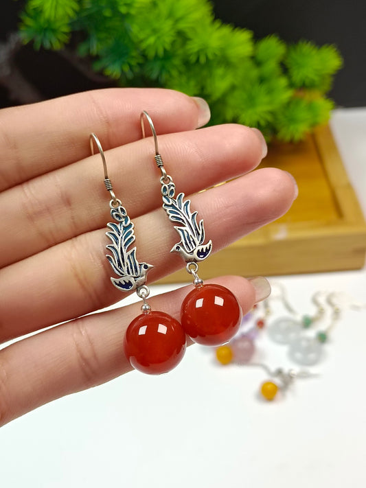 Original Design Chinese Style Antique S925 Silver "Phoenix Ascending" Cloisonné Red Agate Bead Earrings - Jewelry