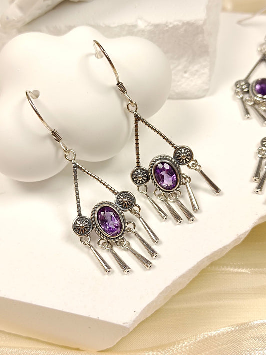 S925 Silver Embedded Amethyst Tassel Earrings - Vintage Style Jewelry