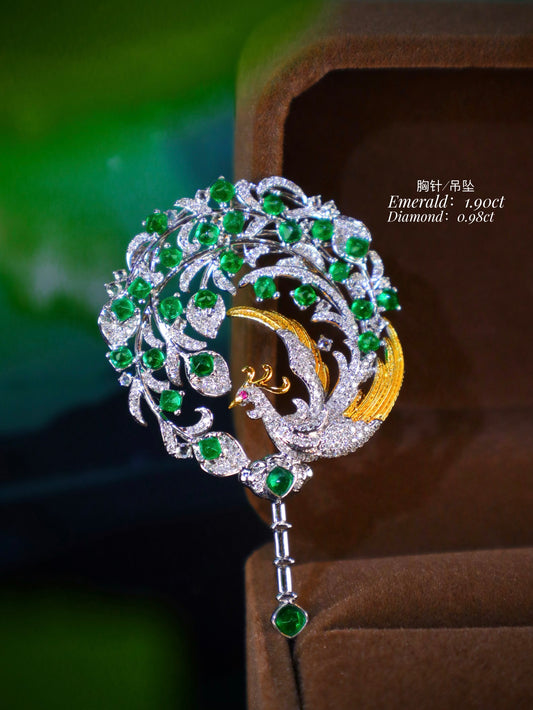 Emerald and Diamond "Hundred Birds Worshiping the Phoenix" Jewelry - Elegant and Exclusive