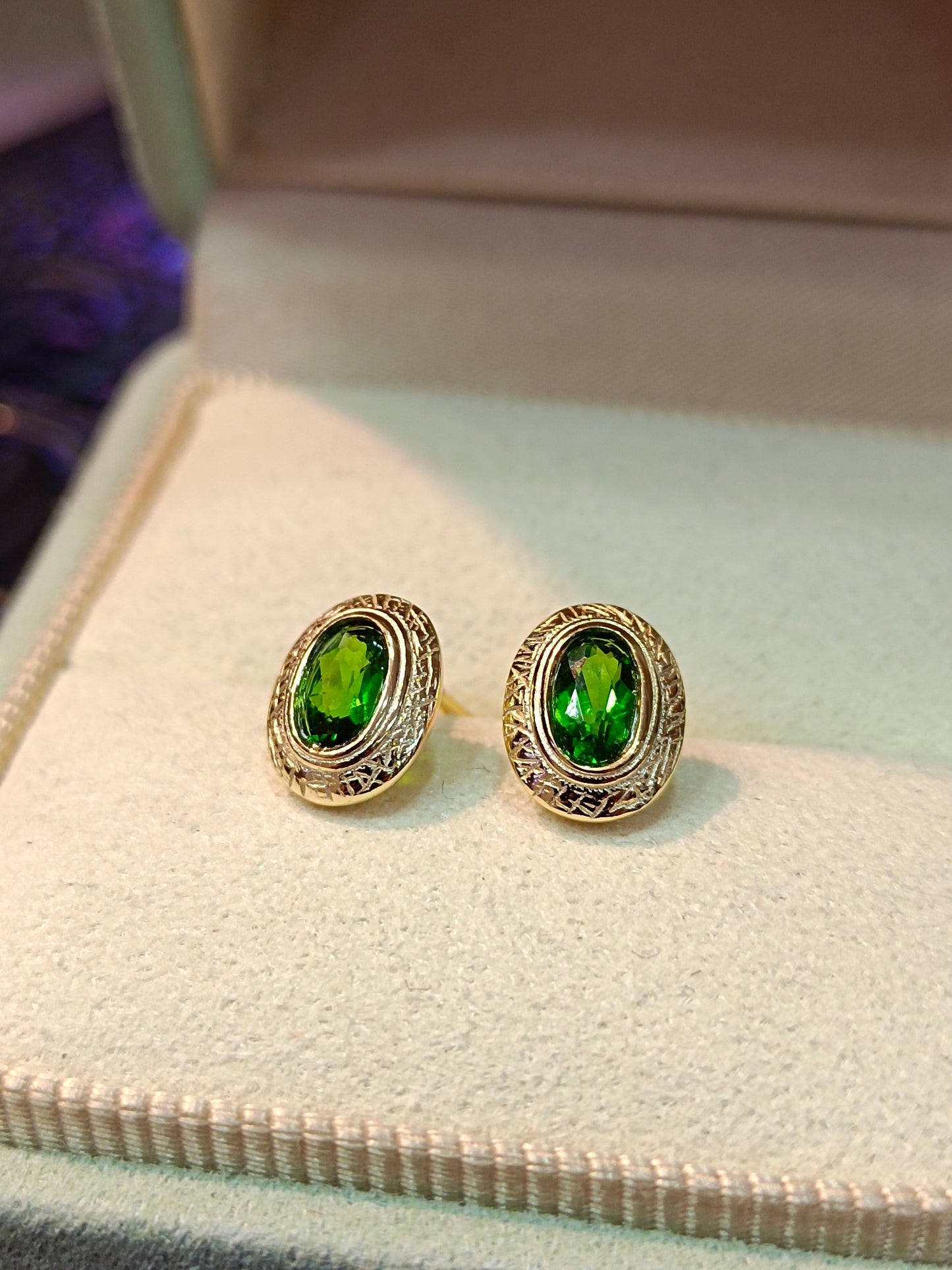 S925 Sterling Silver with Diopside Embedded Earrings in 18K Gold Technique - French Vintage Palace Style