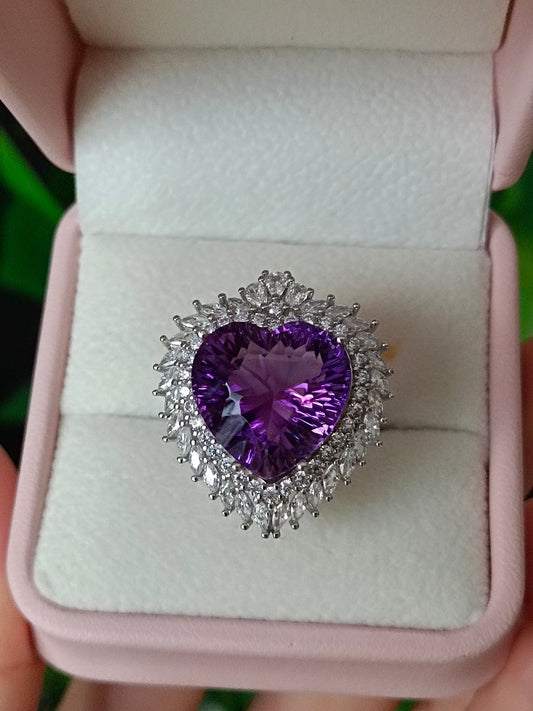 Luxurious Purple Amethyst Heart Ring and Pendant Necklace - Exquisite Jewelry