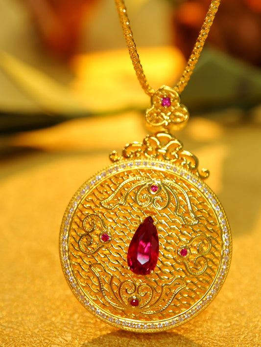 Ruby Pendant Jewelry: Ancient Gold Craftsmanship with Pigeon's Blood Red Gemstone