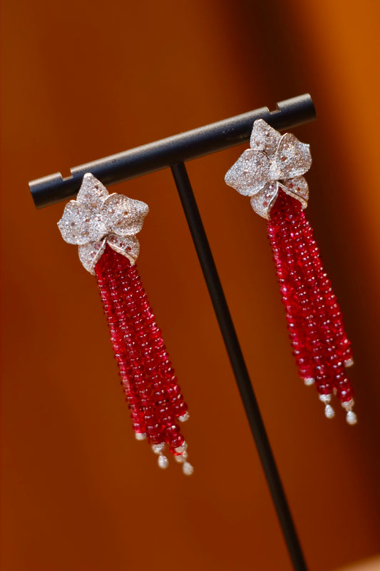 Unheated Myanmar Spinel Earrings - Mesmerizing Beaded Tassel Jewelry