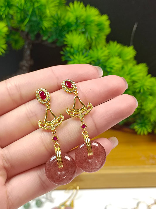 Original Design Natural Strawberry Quartz Safety Buckle S925 Silver Earrings - Classical Jewelry