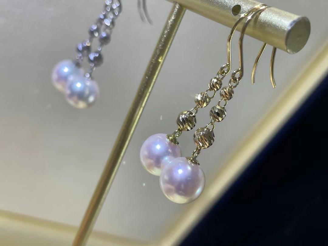 Elegant Companion: 18K Gold Laser-Cut Ball Earrings with Akoya Pearls