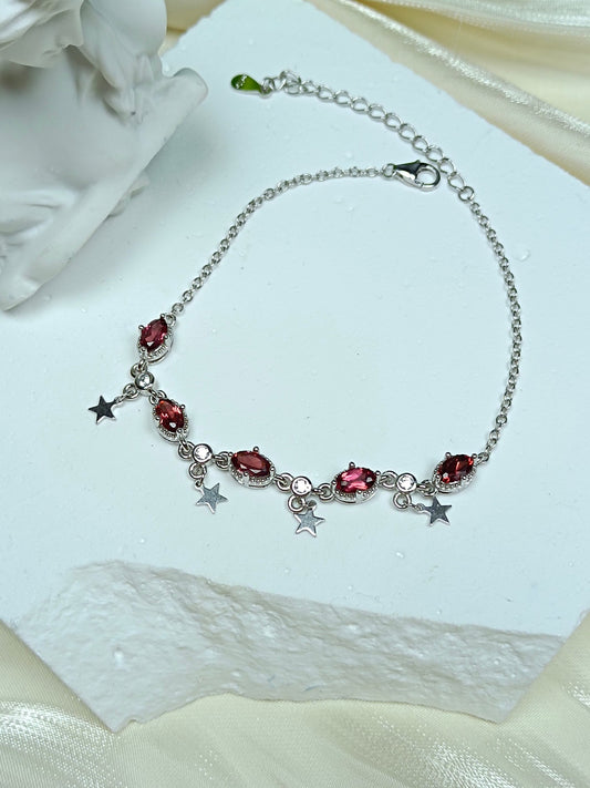 S925 Silver Embedded Garnet Star Bracelet - Wine Red Princess Style Minimalist Korean Jewelry