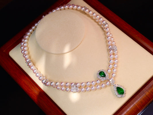 High-End Luxury Flower天女 Pearl and Emerald Evening Wear Necklace