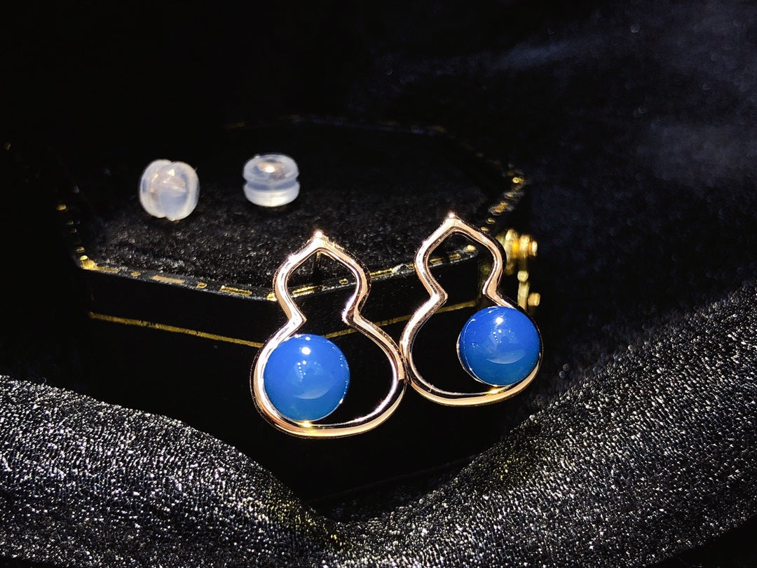 New Arrival! 18K Gold Embedded Dominican Blue Amber Earrings with Gourd Shaped Design - Exclusive Jewelry