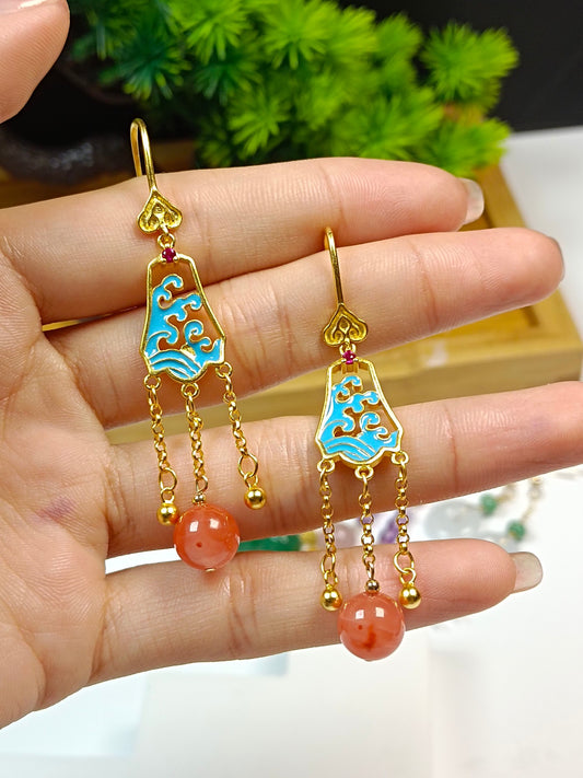 Elegant Natural South Red Agate Earrings with S925 Silver and Cloisonne, Chinese Ethnic Style Jewelry