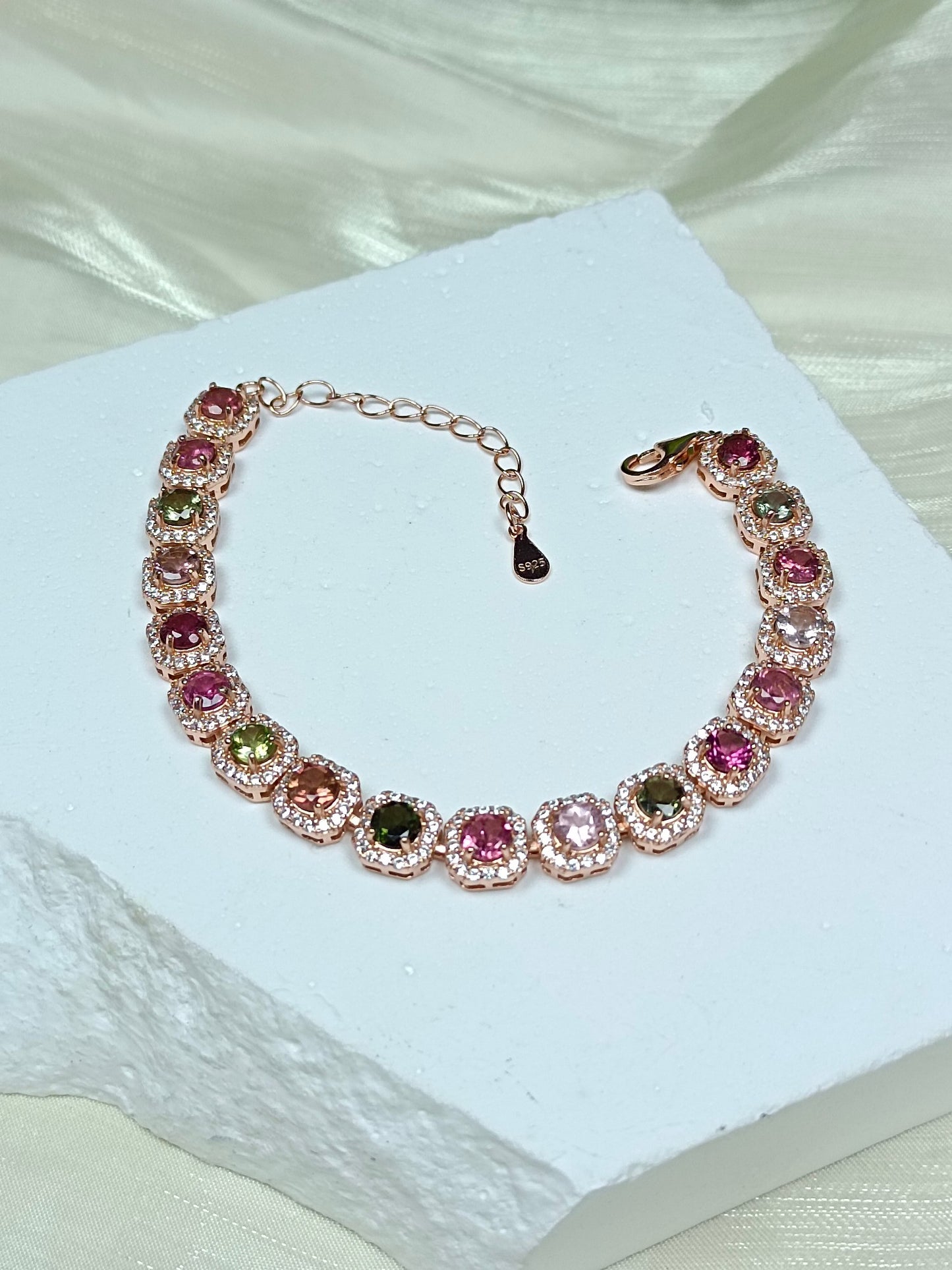 S925 Silver Embedded Tourmaline Bracelet - "Wrist Rainbow" Candy-Colored Jewelry