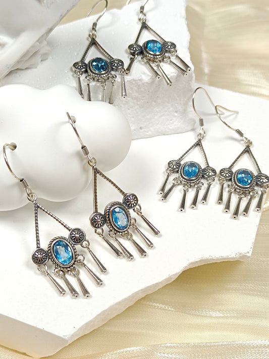 S925 Silver Embedded Topaz Tassel Earrings with Vintage Charm