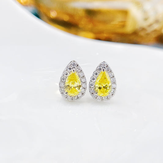 18K Yellow Gold Cultured Diamond Teardrop Halo Earrings - LGED002-Y