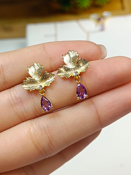 S925 Silver Embedded Purple Crystal Maple Leaf Earrings - Unique Jewelry