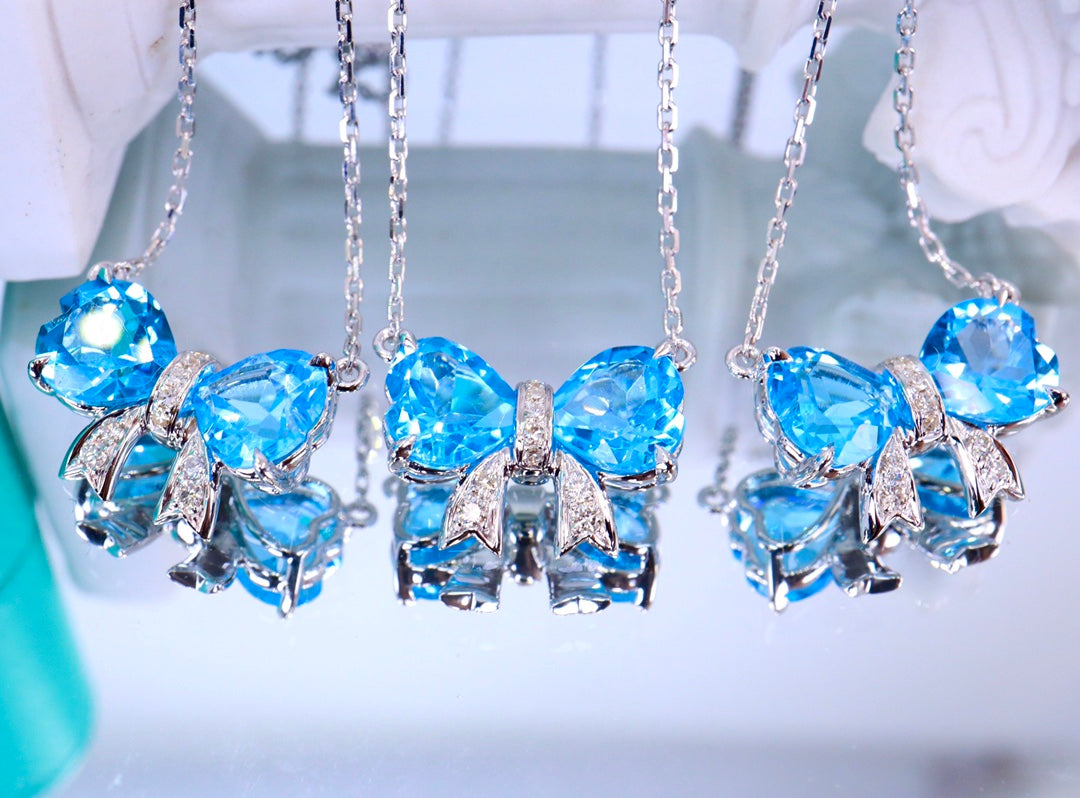 Exquisite Heart-Shaped Bowknot Jewelry with Swiss Blue Topaz and Diamonds