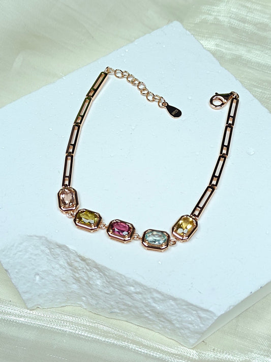 S925 Sterling Silver & 18K Gold Crafted Candy-Colored Gemstone Bracelet