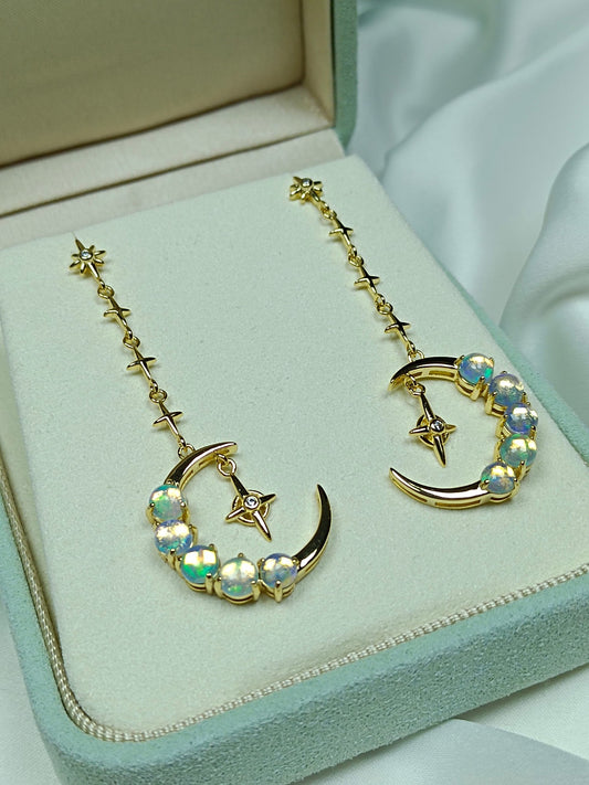 S925 Silver Exquisite Opal Crescent Moon & Star Earrings - Jewelry