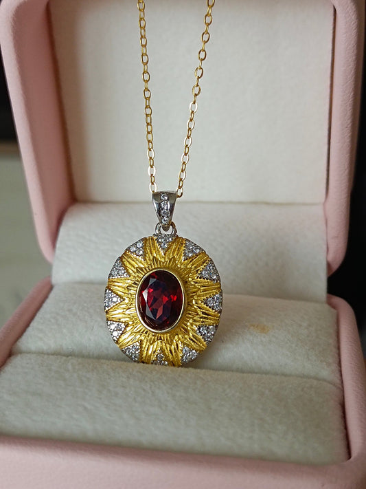 Elegant S925 Silver Embedded Garnet Sunflower Pendant Jewelry