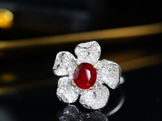 Pigeon's Blood Ruby Pendant/Ring Dual-Use Jewelry - Floral Design with Full Diamonds