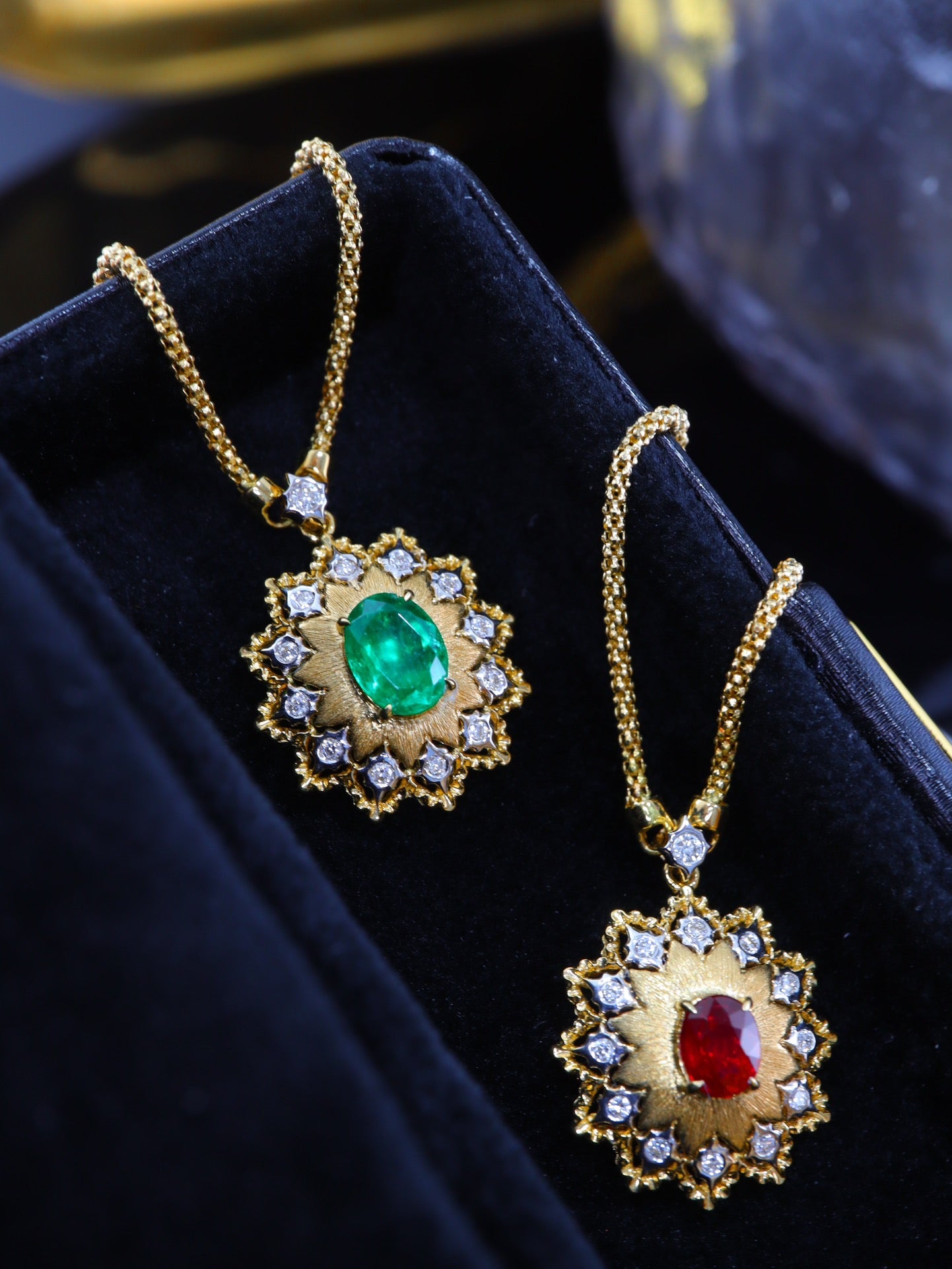 Italian Elegance Jewelry Collection: Buccellati-inspired Crafted Gold Necklace with Ruby and Emerald Pendants