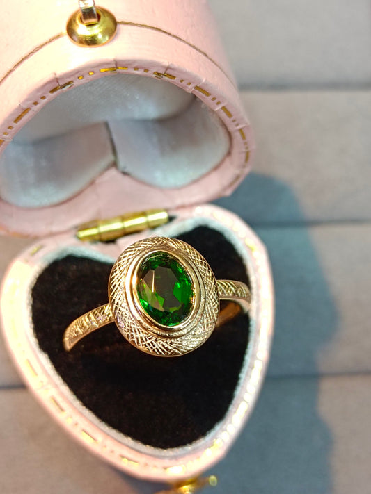 S925 Sterling Silver with Diopside Ring in 18K Gold Technique - French Vintage Palace Style Adjustable Ring