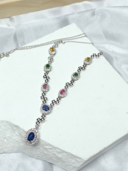 Luxurious S925 Silver Embedded Sapphire and Tourmaline Necklace Jewelry