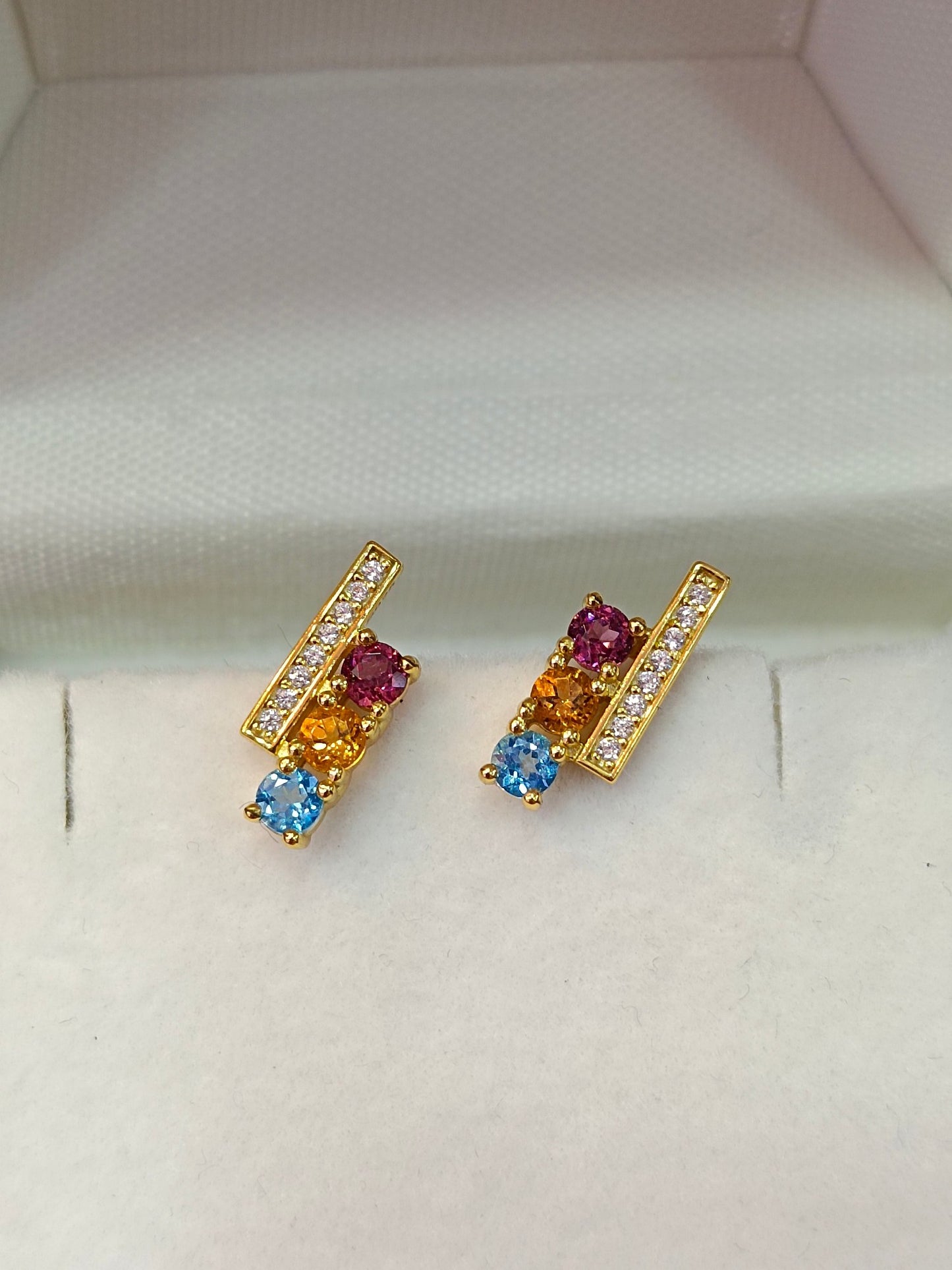 S925 Sterling Silver Delicate Gemstone Stud Earrings with Garnet, Citrine, and Topaz - Unique Korean Style Jewelry