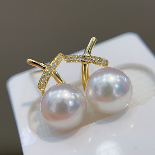 Elegant 18K Gold Diamond & 8-8.5mm Japanese Akoya Pearl Earrings - Classic Lady Style Jewelry