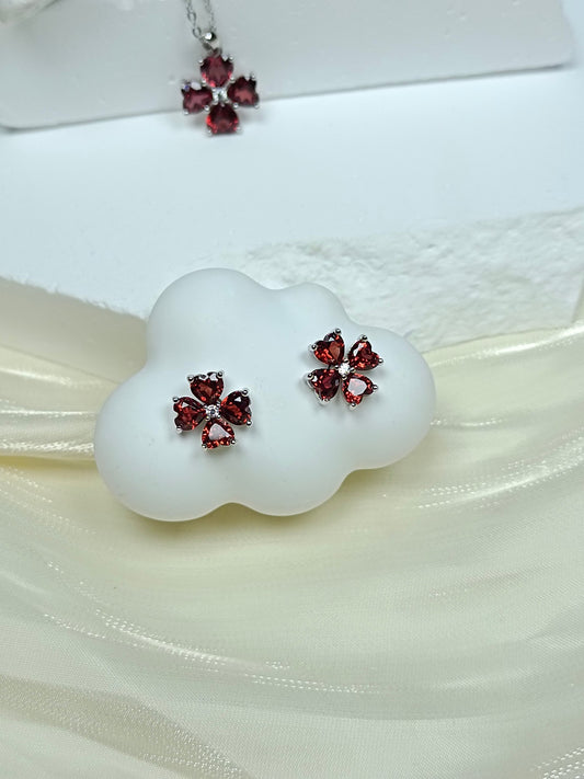 S925 Sterling Silver with Garnet & Four-Leaf Clover Earrings in 18K Gold Plating - Elegant Jewelry