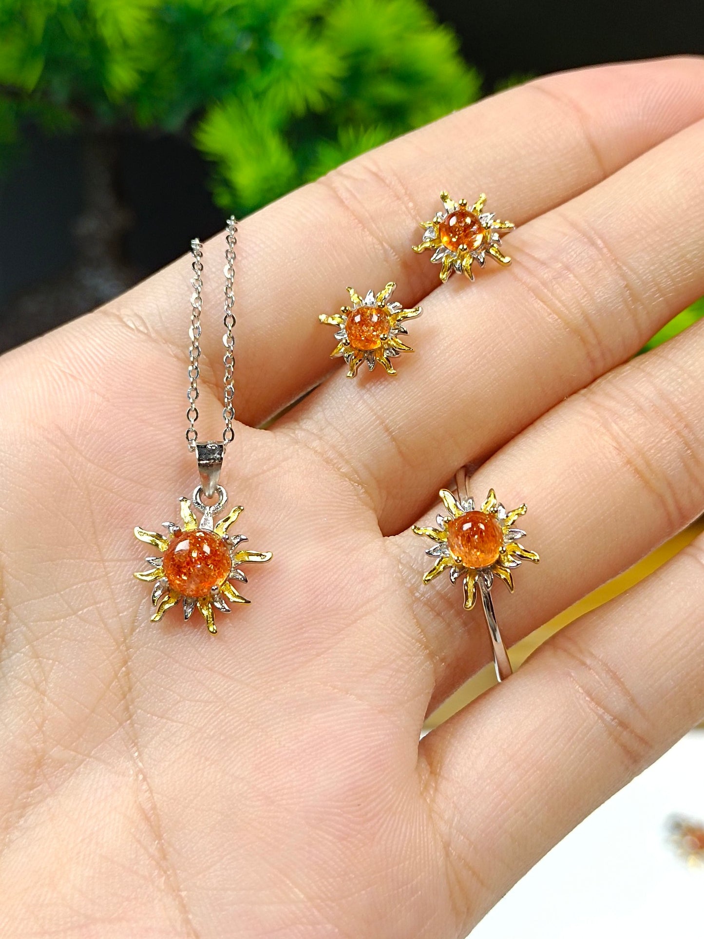 S925 Silver Embedded Sunstone "Sunflower" Jewelry Set