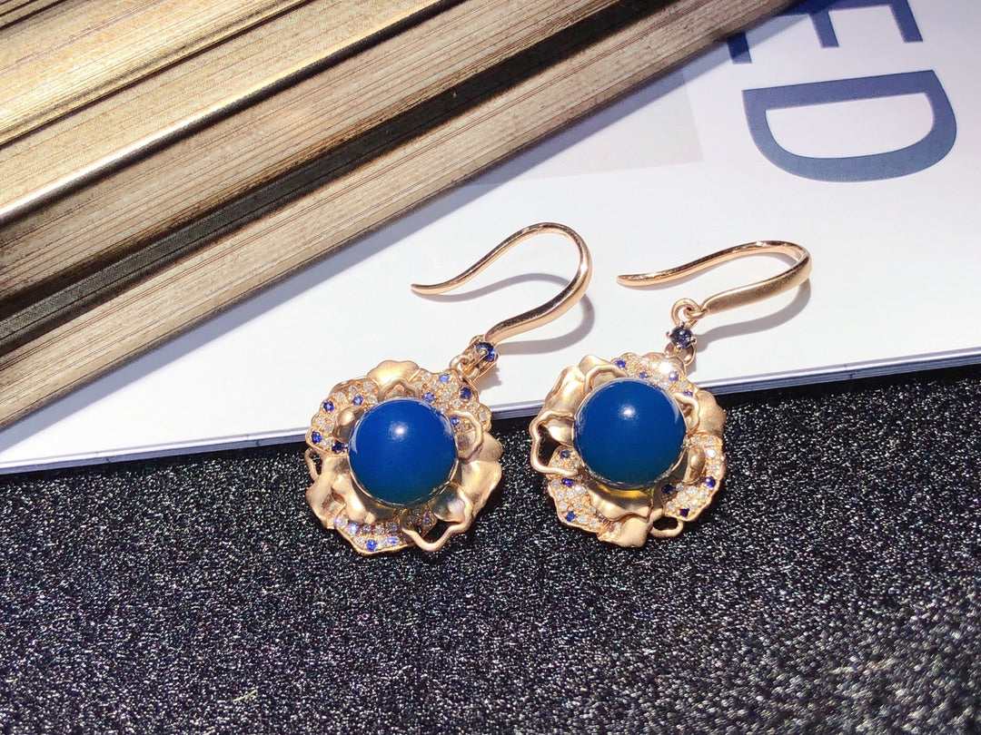 Elegance Unfading Beauty: 18K Gold Embedded Dominican Blue Amber Earrings Jewelry